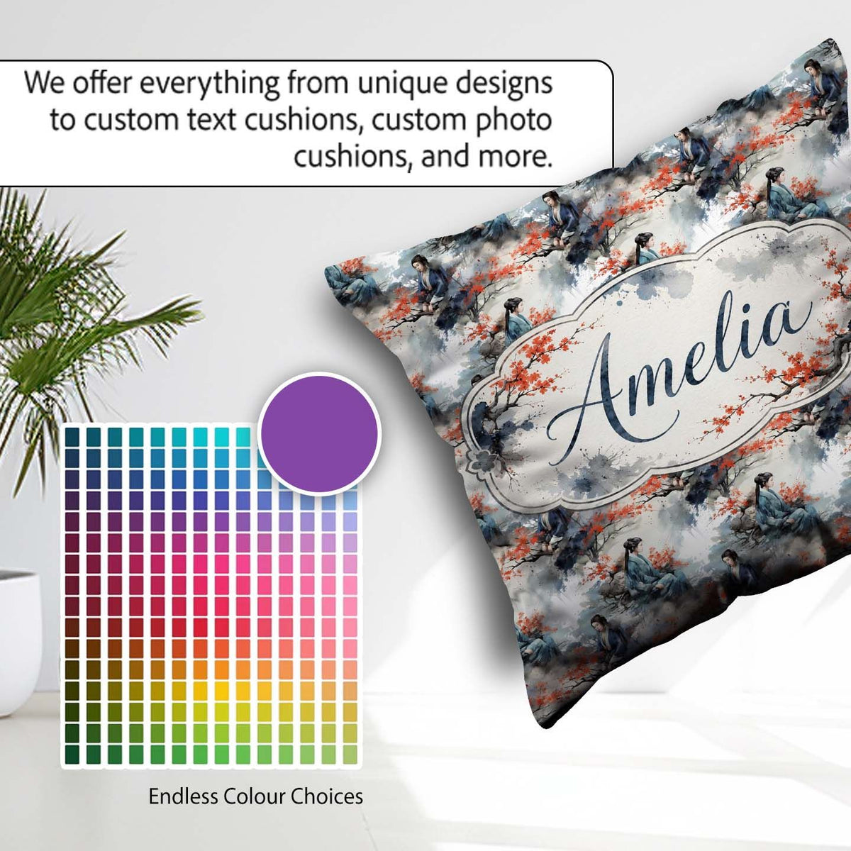 Custom Name Asian Woman Floral Tree Art Seamless Pattern Name Square Filled Cushion Throw Pillow Sofa Bed Home Decor Zip Washable UK Made