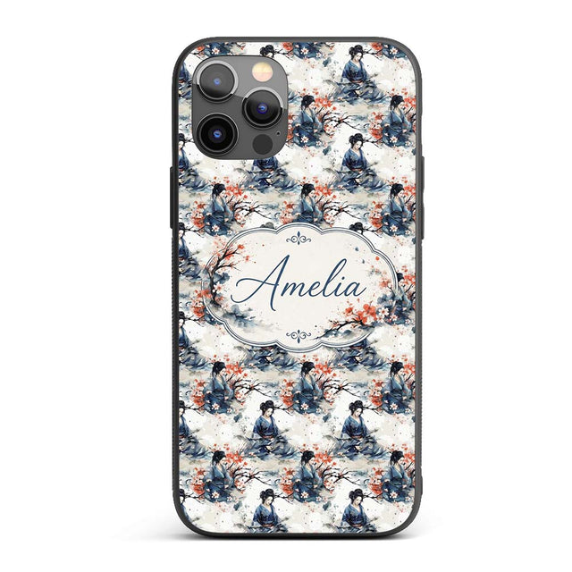 Japanese Woman Kimono Cherry Blossom Seamless Custom Name Protective Phone Case Mobile Cover Durable Everyday Smartphone Shock Resistant