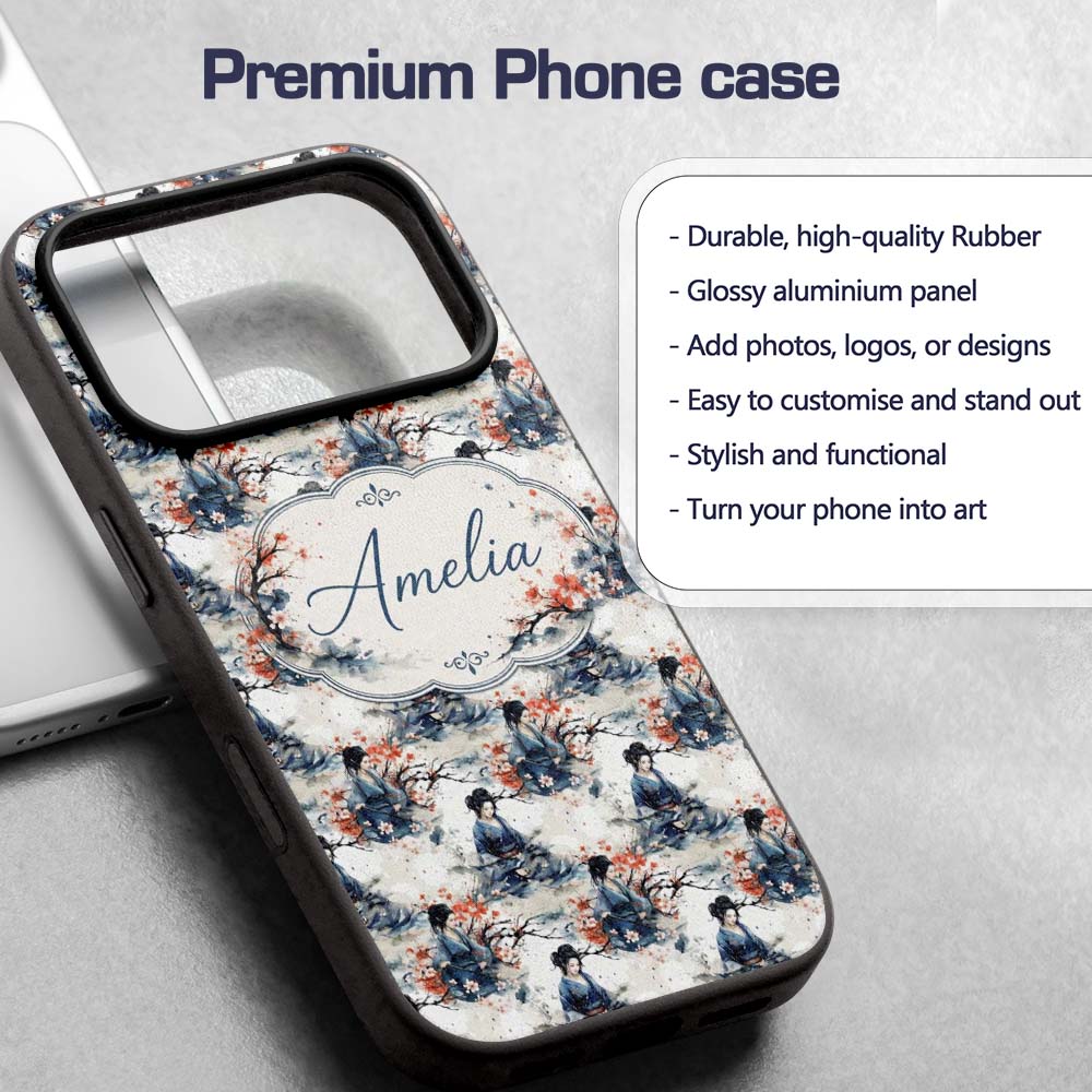 Japanese Woman Kimono Cherry Blossom Seamless Custom Name Protective Phone Case Mobile Cover Durable Everyday Smartphone Shock Resistant