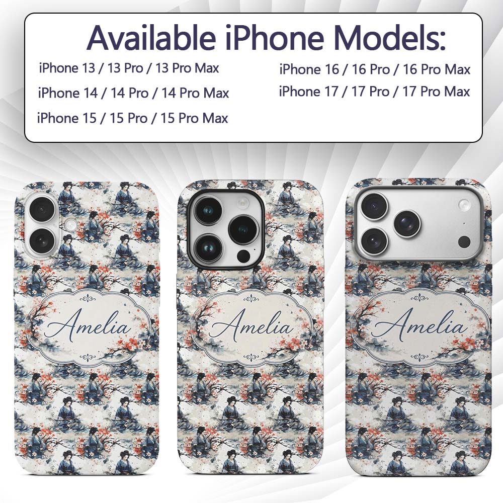 Japanese Woman Kimono Cherry Blossom Seamless Custom Name Protective Phone Case Mobile Cover Durable Everyday Smartphone Shock Resistant