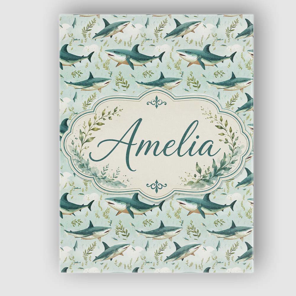 Personalised Name Cute Sharks Ocean Seaweed Custom  Bespoke Interior Contemporary Canvas Wall Art Print Decor Picture Ready to Hang