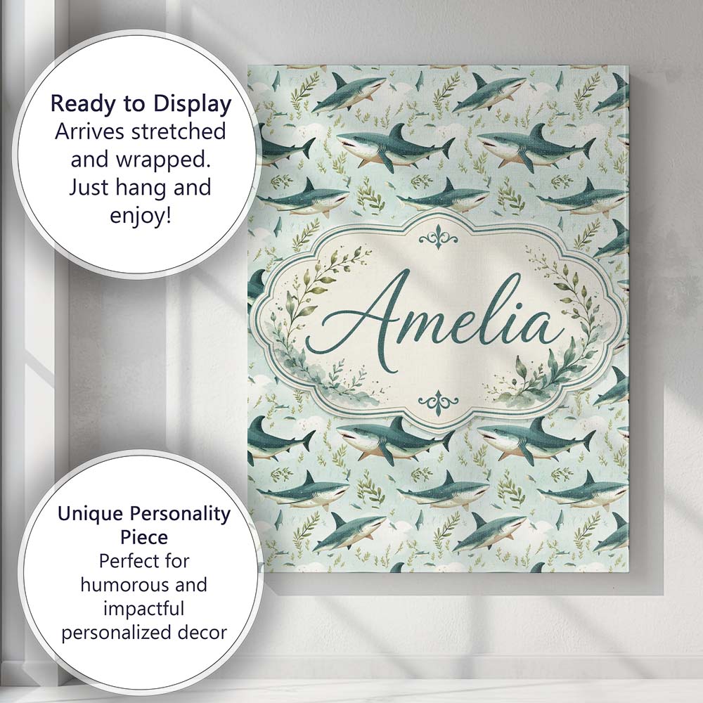 Personalised Name Cute Sharks Ocean Seaweed Custom  Bespoke Interior Contemporary Canvas Wall Art Print Decor Picture Ready to Hang