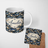 Personalized Custom Name Elegant Sharks Floral Ocean Seamless Pattern Name Cute Unique Gift 11oz Ceramic Coffee Tea Mug White Large Handle
