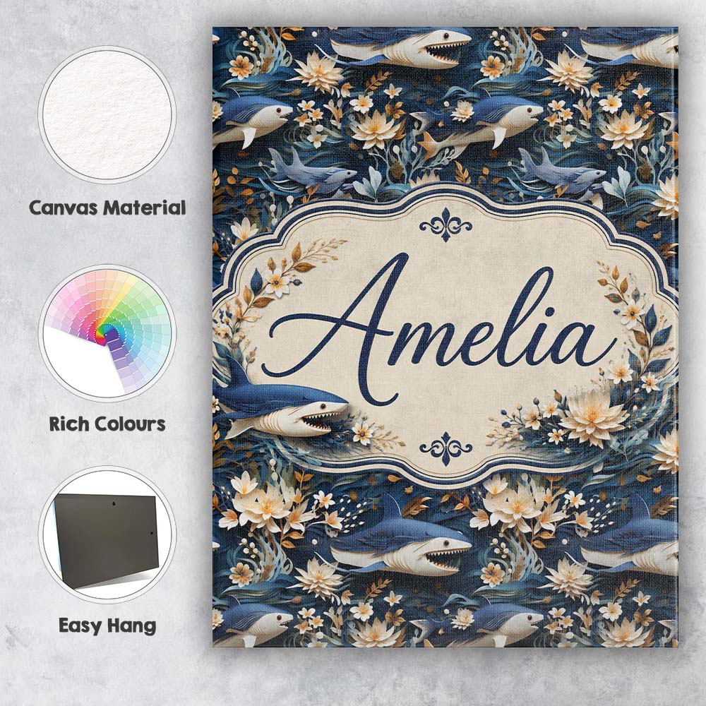 Personalised Name Elegant Sharks Floral Custom  Unique Gift Idea Modern Room Accent Canvas Wall Art Print Decor Picture Ready to Hang