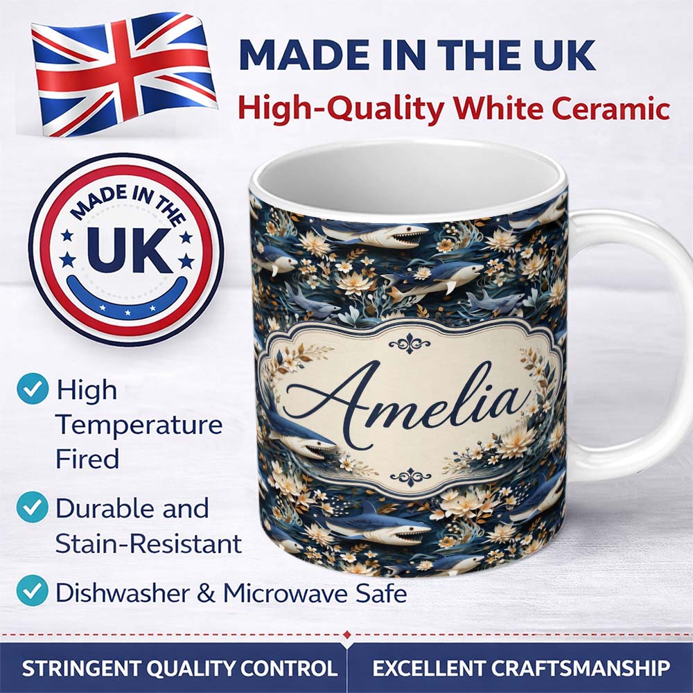 Personalized Custom Name Elegant Sharks Floral Ocean Seamless Pattern Name Cute Unique Gift 11oz Ceramic Coffee Tea Mug White Large Handle