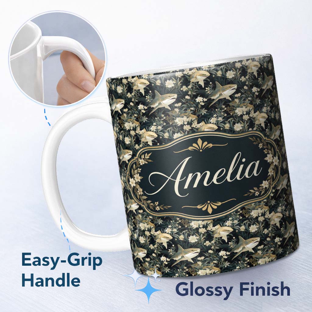 Personalized Custom Name Vintage Sharks Dark Floral Seamless Pattern Name Cute Unique Gift 11oz Ceramic Coffee Tea Mug White Large Handle