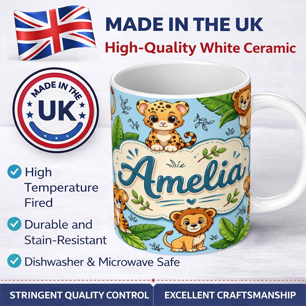 Personalized Custom Name Cute Jungle Animals Lion Tiger Leopard Tropical Leaves Mint Green 11oz Ceramic Coffee Tea Mug White Large Handle