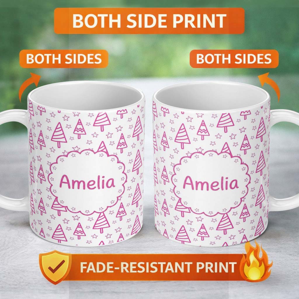 Personalized Custom Name Cute Pink Christmas Tree Star Doodle Seamless Pattern Lovely 11oz Ceramic Coffee Tea Mug White Large Handle