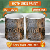 Personalized Custom Name Weathered Metal Rust Texture Seamless Pattern Industrial Grunge 11oz Ceramic Coffee Tea Mug White Large Handle