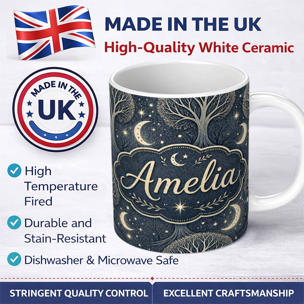 Personalized Custom Name Lantern Leaves Stars Night Sky Botanical Seamless Pattern Lovely 11oz Ceramic Coffee Tea Mug White Large Handle