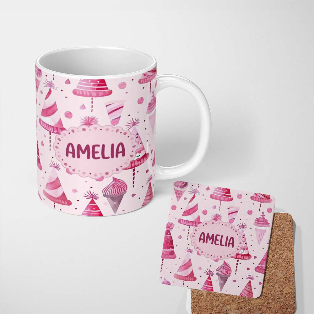 Personalized Custom Name Cute Pink Party Hat Sweet Treat Festive Seamless Pattern Lovely 11oz Ceramic Coffee Tea Mug White Large Handle
