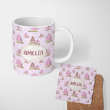 Personalized Custom Name Hand Drawn Pink Winter Forest Trees Seamless Pattern Lovely 11oz Ceramic Coffee Tea Mug White Large Handle