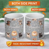 Personalized Custom Name Cute Dog Breeds Paw Print Seamless Pattern on Grey Background Lovely 11oz Ceramic Coffee Tea Mug White Large Handle