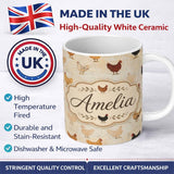 Personalized Custom Name Rustic Chicken Hen Farmyard Illustration Seamless Pattern Lovely 11oz Ceramic Coffee Tea Mug White Large Handle