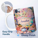 Personalized Custom Name Cute Underwater Ocean Scene Mermaid Dolphin Turtle Treasure Peach 11oz Ceramic Coffee Tea Mug White Large Handle