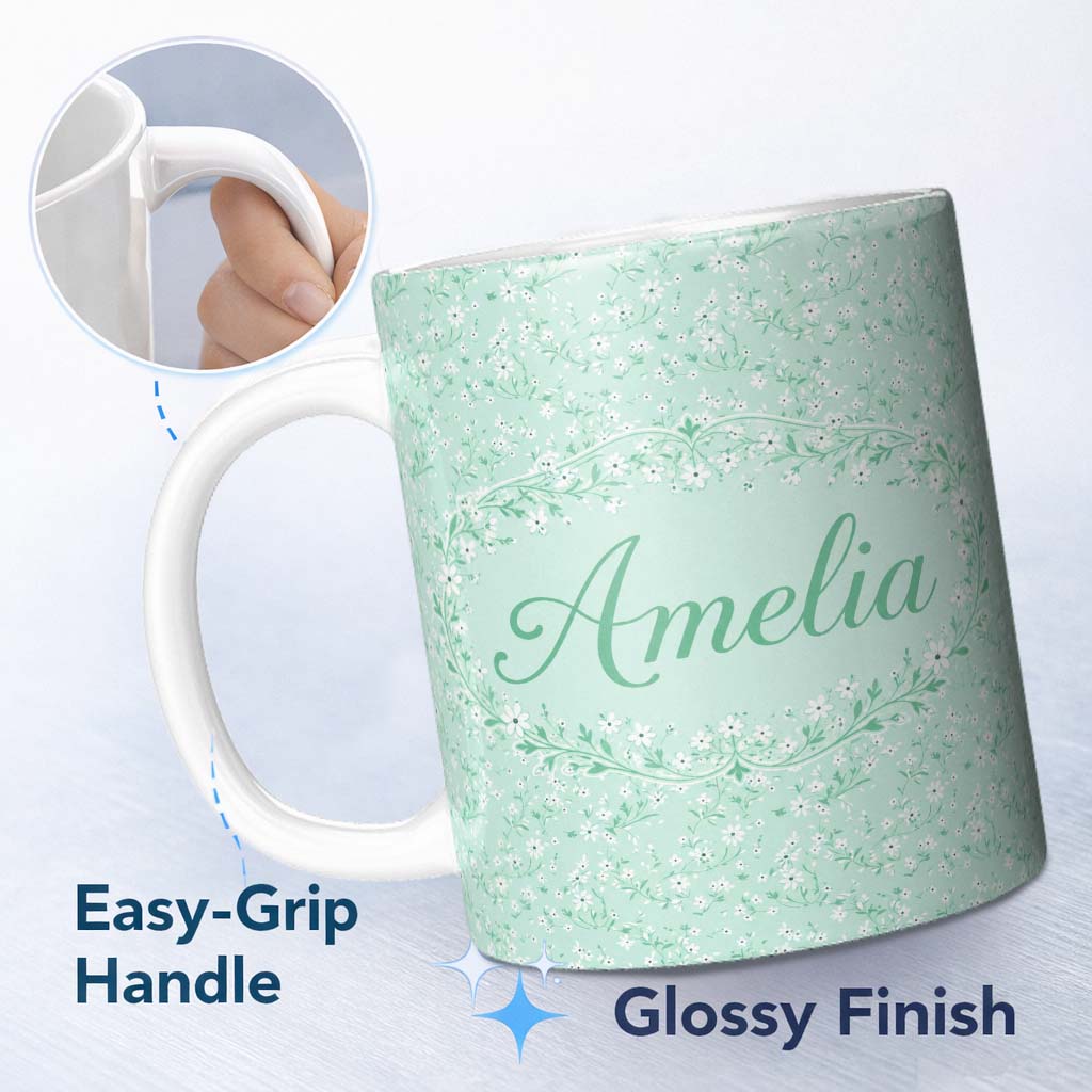 Personalized Custom Name Delicate White Wildflower on Soft Green Seamless Pattern Lovely 11oz Ceramic Coffee Tea Mug White Large Handle