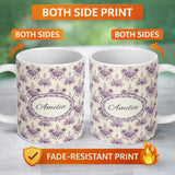 Personalized Custom Name Elegant Purple Damask Floral Vintage Seamless Pattern Lovely 11oz Ceramic Coffee Tea Mug White Large Handle