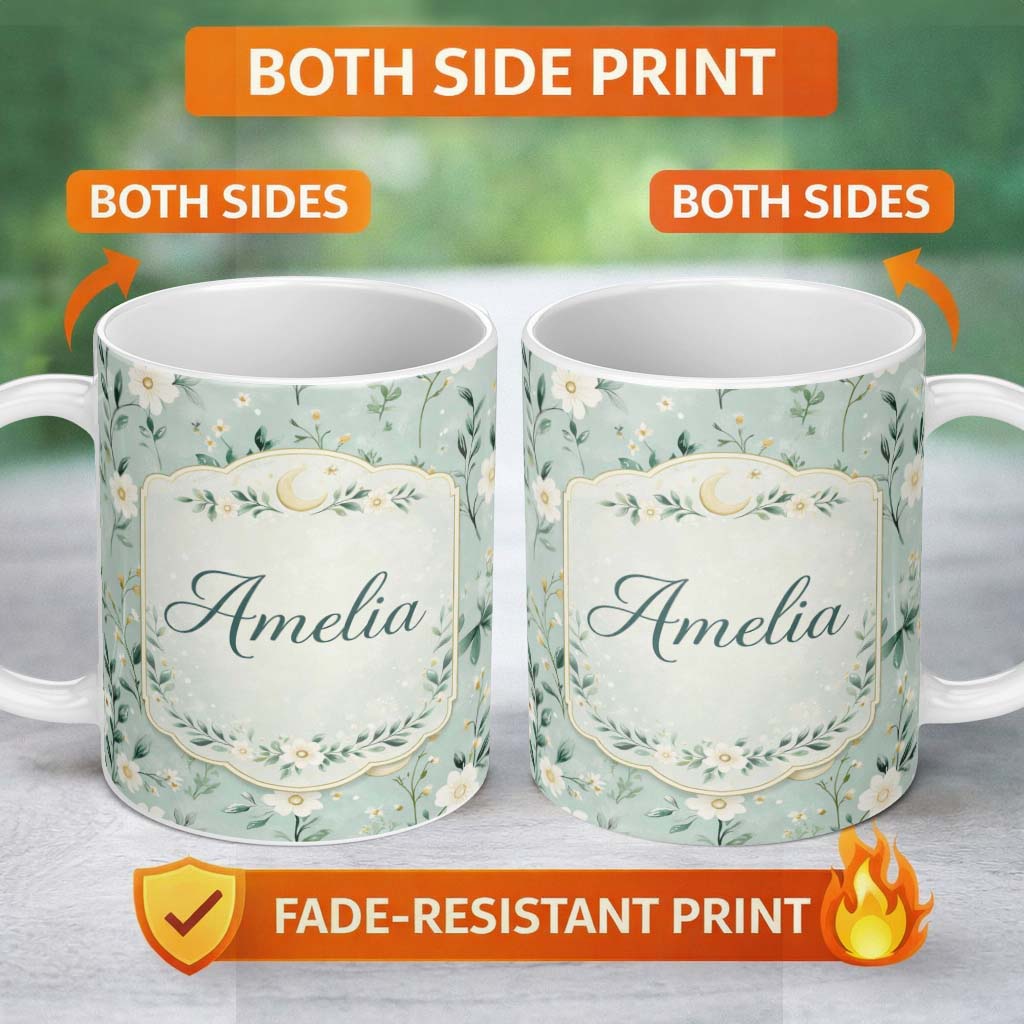 Personalized Custom Name Green Floral Moon Seamless Pattern Charming Kitchen Decor Lovely 11oz Ceramic Coffee Tea Mug White Large Handle