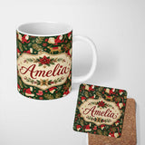 Personalized Custom Name Cute Christmas Santa Reindeer Gifts and Holiday Elements Seamless 11oz Ceramic Coffee Tea Mug White Large Handle
