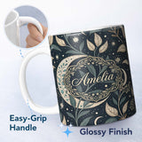 Personalized Custom Name Botanical Crescent Moon Leaves Starry Night Seamless Pattern Lovely 11oz Ceramic Coffee Tea Mug White Large Handle