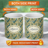Personalized Custom Name Teal Yellow Bird Botanical Branch Seamless Pattern Vintage Nature 11oz Ceramic Coffee Tea Mug White Large Handle