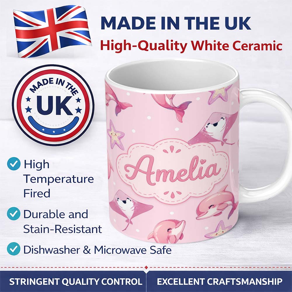 Personalized Custom Name Cute Pink Dolphins and Starfish Ocean Soft Pink Polka Dot Background 11oz Ceramic Coffee Tea Mug White Large Handle