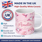 Personalized Custom Name Cute Pink Dolphins and Starfish Ocean Soft Pink Polka Dot Background 11oz Ceramic Coffee Tea Mug White Large Handle