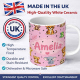 Personalized Custom Name Cute Jungle Baby Animals Lion Tiger Elephant Giraffe Pattern Pink 11oz Ceramic Coffee Tea Mug White Large Handle