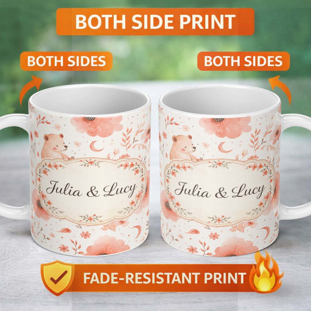 Personalized Custom Name Cute Teddy Bear Floral Nursery Pattern Soft Watercolour Illustration 11oz Ceramic Coffee Tea Mug White Large Handle