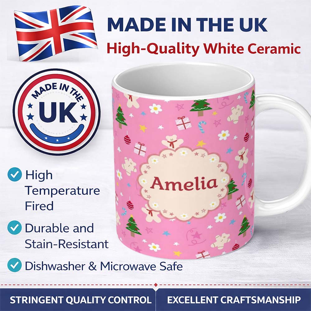 Personalized Custom Name Cute Christmas Gingerbread Tree Candy Star Seamless Pattern Lovely 11oz Ceramic Coffee Tea Mug White Large Handle