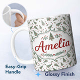 Personalized Custom Name Watercolor Christmas Trees Red Dots Winter Seamless Pattern Lovely 11oz Ceramic Coffee Tea Mug White Large Handle