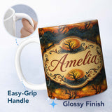 Personalized Custom Name Artistic Swirl Landscape with Trees and Sun in Rich Textured Brush 11oz Ceramic Coffee Tea Mug White Large Handle
