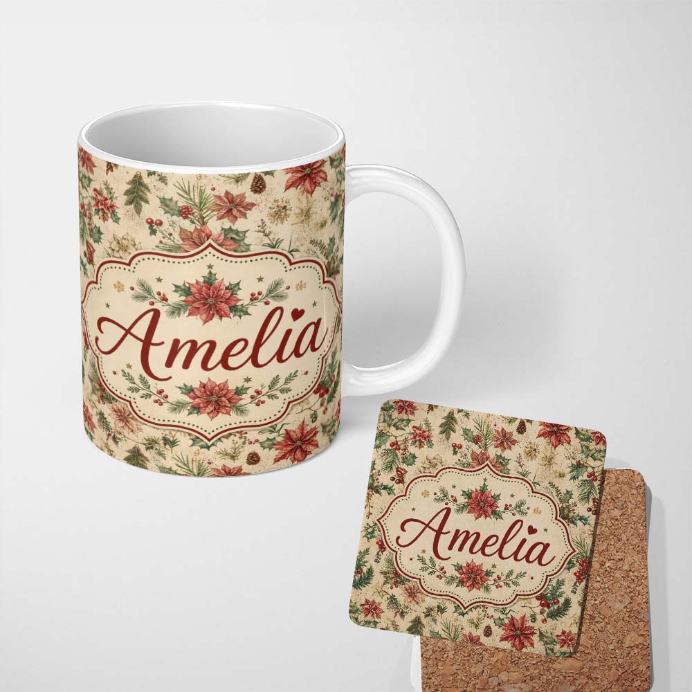 Personalized Custom Name Vintage Christmas Floral with Holly Poinsettia and Pine Classic 11oz Ceramic Coffee Tea Mug White Large Handle