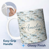 Personalized Custom Name Realistic Sharks Ocean Fish Seamless Pattern Name Cute Unique Gift 11oz Ceramic Coffee Tea Mug White Large Handle