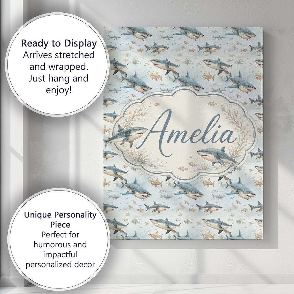 Personalised Name Realistic Sharks Ocean Custom  Unique Gift Idea Elegant Feature Canvas Wall Art Print Decor Picture Ready to Hang