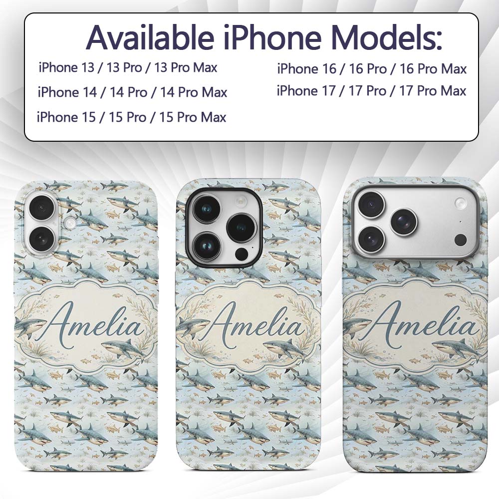Realistic Sharks Ocean Fish Seamless Pattern Name Custom Name Protective Phone Case Mobile Cover Durable Everyday Smartphone Shock Resistant