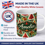 Personalized Custom Name Colorful Christmas Trees Gifts Snowflakes Festive Holiday Seamless 11oz Ceramic Coffee Tea Mug White Large Handle