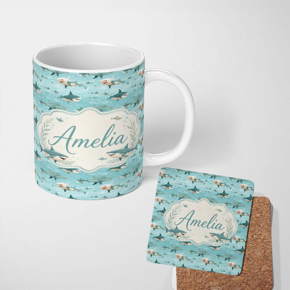 Personalized Custom Name Cartoon Sharks Blue Ocean Seamless Pattern Name Cute Unique Gift 11oz Ceramic Coffee Tea Mug White Large Handle