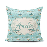 Custom Name Cartoon Sharks Blue Ocean Seamless Pattern Name Cute Square Filled Cushion Throw Pillow Sofa Bed Home Decor Zip Washable UK Made
