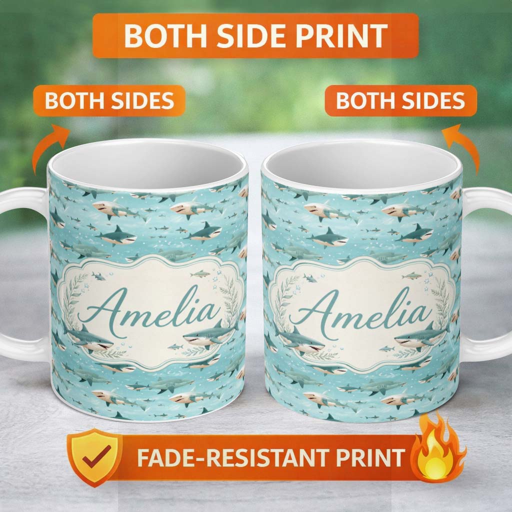 Personalized Custom Name Cartoon Sharks Blue Ocean Seamless Pattern Name Cute Unique Gift 11oz Ceramic Coffee Tea Mug White Large Handle
