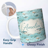 Personalized Custom Name Cartoon Sharks Blue Ocean Seamless Pattern Name Cute Unique Gift 11oz Ceramic Coffee Tea Mug White Large Handle