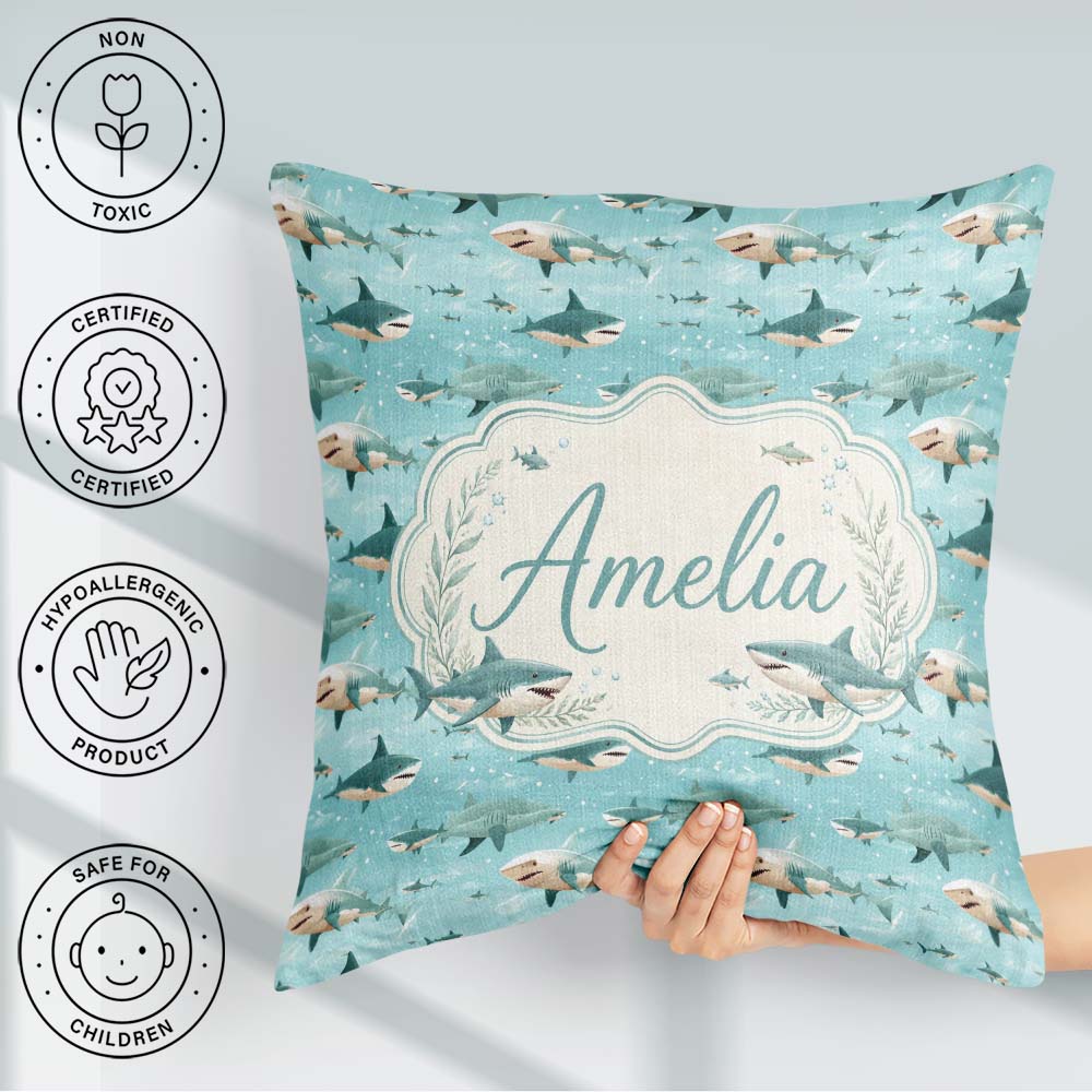 Custom Name Cartoon Sharks Blue Ocean Seamless Pattern Name Cute Square Filled Cushion Throw Pillow Sofa Bed Home Decor Zip Washable UK Made