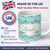 Personalized Custom Name Cartoon Sharks Blue Ocean Seamless Pattern Name Cute Unique Gift 11oz Ceramic Coffee Tea Mug White Large Handle