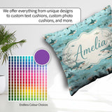 Custom Name Cartoon Sharks Blue Ocean Seamless Pattern Name Cute Square Filled Cushion Throw Pillow Sofa Bed Home Decor Zip Washable UK Made