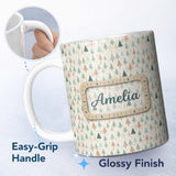 Personalized Custom Name Pastel Christmas Trees Scandinavian Neutral Seamless Pattern Lovely 11oz Ceramic Coffee Tea Mug White Large Handle