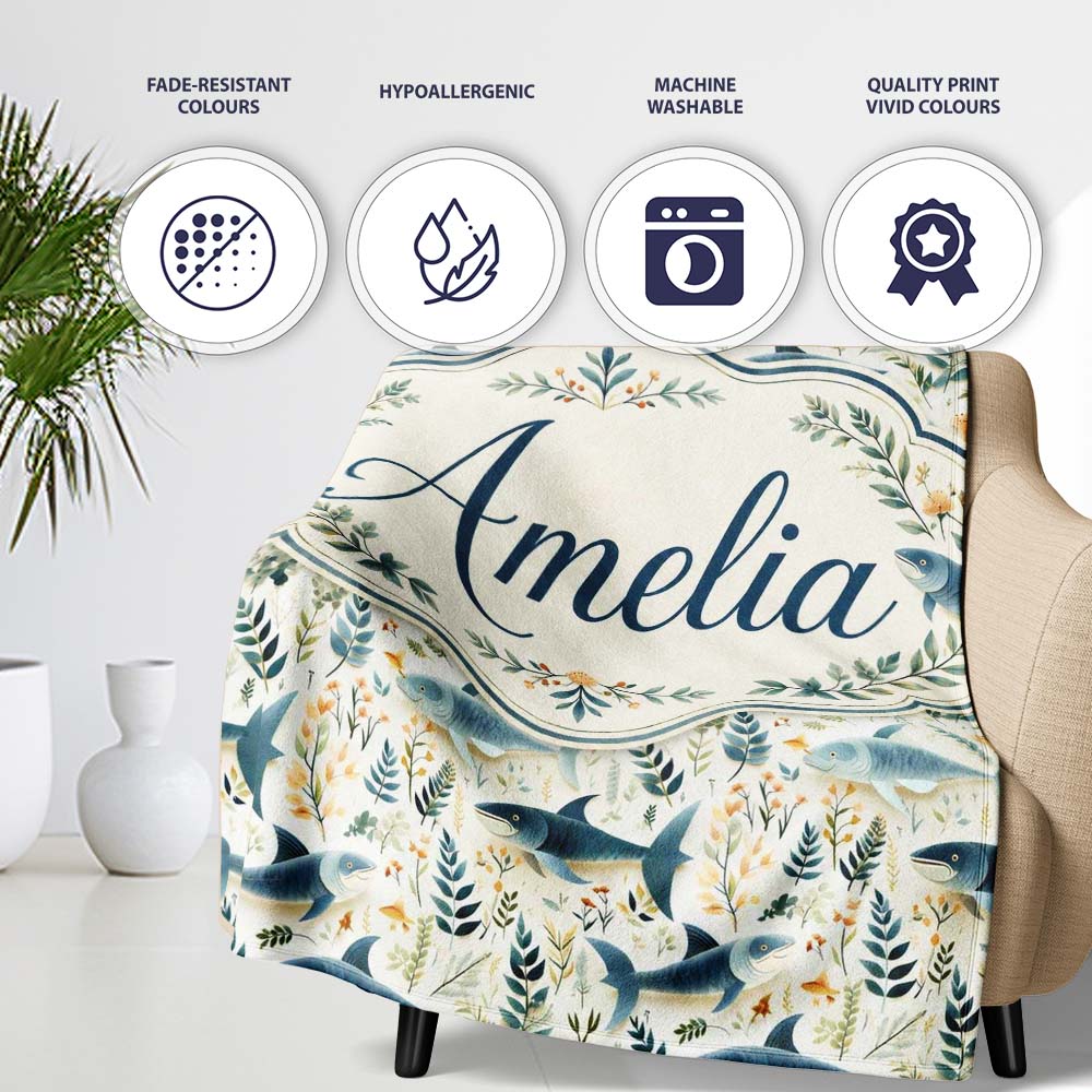 Blue Fish Botanical Seamless Pattern Name Cute Unique Gift Lovely  Personalised Custom Name Super Soft Fleece Blanket Bed Sofa Throw