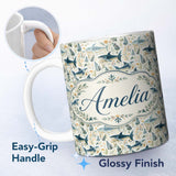Personalized Custom Name Blue Fish Botanical Seamless Pattern Name Cute Unique Gift Lovely 11oz Ceramic Coffee Tea Mug White Large Handle