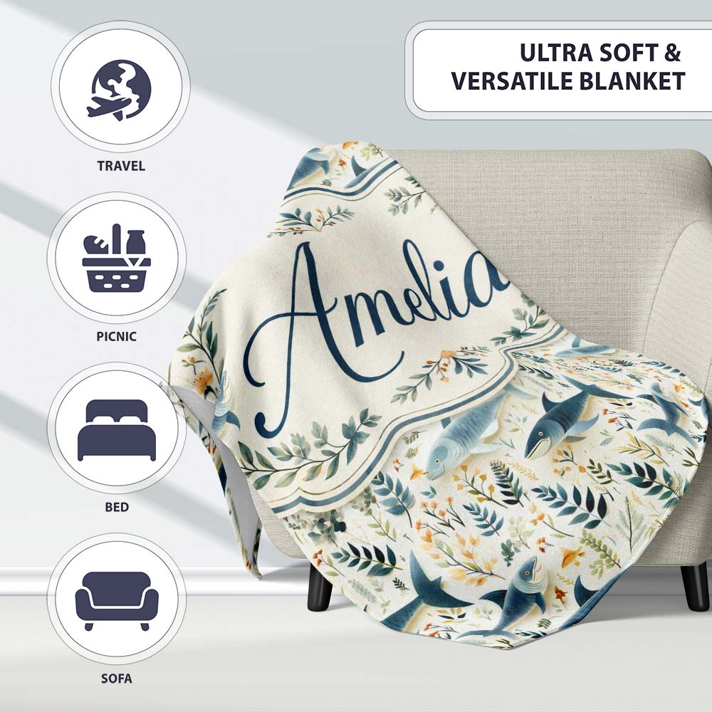 Blue Fish Botanical Seamless Pattern Name Cute Unique Gift Lovely  Personalised Custom Name Super Soft Fleece Blanket Bed Sofa Throw