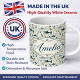 Personalized Custom Name Blue Fish Botanical Seamless Pattern Name Cute Unique Gift Lovely 11oz Ceramic Coffee Tea Mug White Large Handle