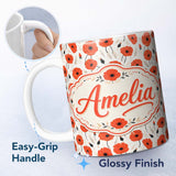 Personalized Custom Name Minimal Red Poppy Floral Pattern Elegant Botanical Seamless Design 11oz Ceramic Coffee Tea Mug White Large Handle